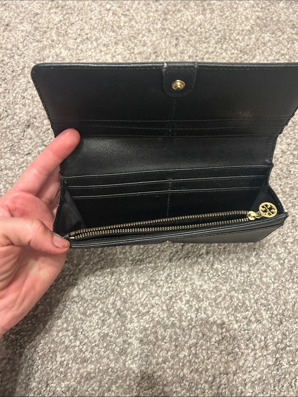 Tory Burch Black Leather Long Wallet with Gold Logo Accent
